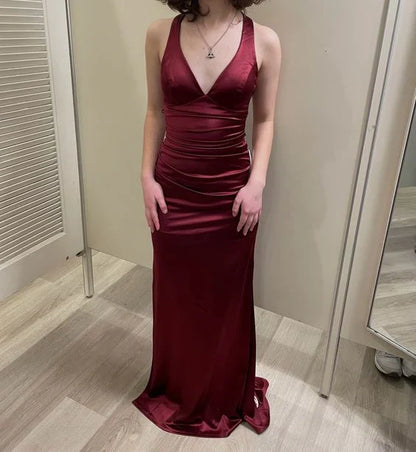 Simple Burgundy V Neck Long Party Dress Formal Prom Dress