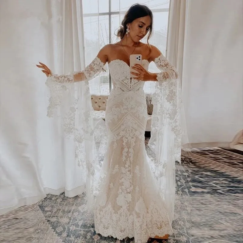 Bell Sleeves Lace Wedding Dresses Sweetheart Mermaid Bridal Gowns