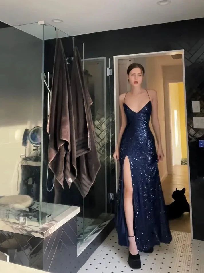 Womens Navy Sequined Slitted Spaghetti Strap V Neck Full-Length Formal Gown Dress