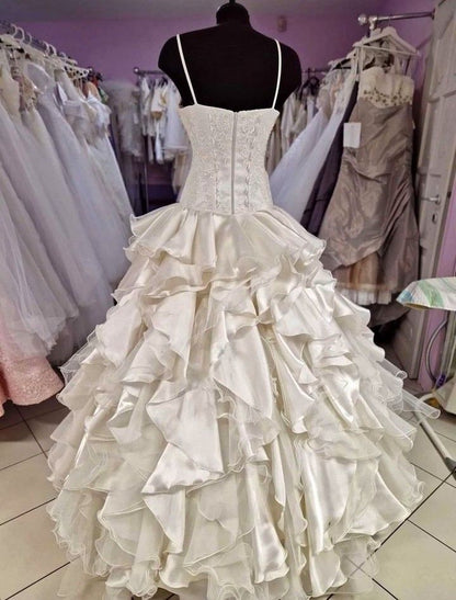 A Line Long Satin Lace Wedding Dress Spaghetti Straps Bridal Gown