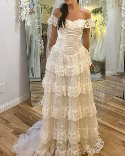 Wedding Dress Off The Shoulder A Line Lace Long Layered Formal Dresses