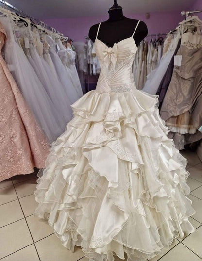 A Line Long Satin Lace Wedding Dress Spaghetti Straps Bridal Gown