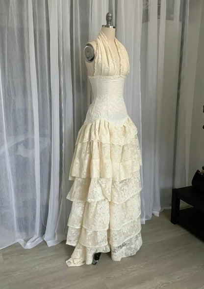 Champagne Lace Bridal Gown Halter Wedding Dress