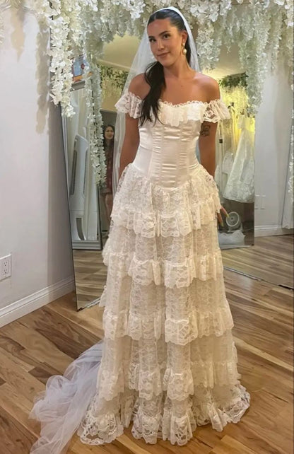 Wedding Dress Off The Shoulder A Line Lace Long Layered Formal Dresses