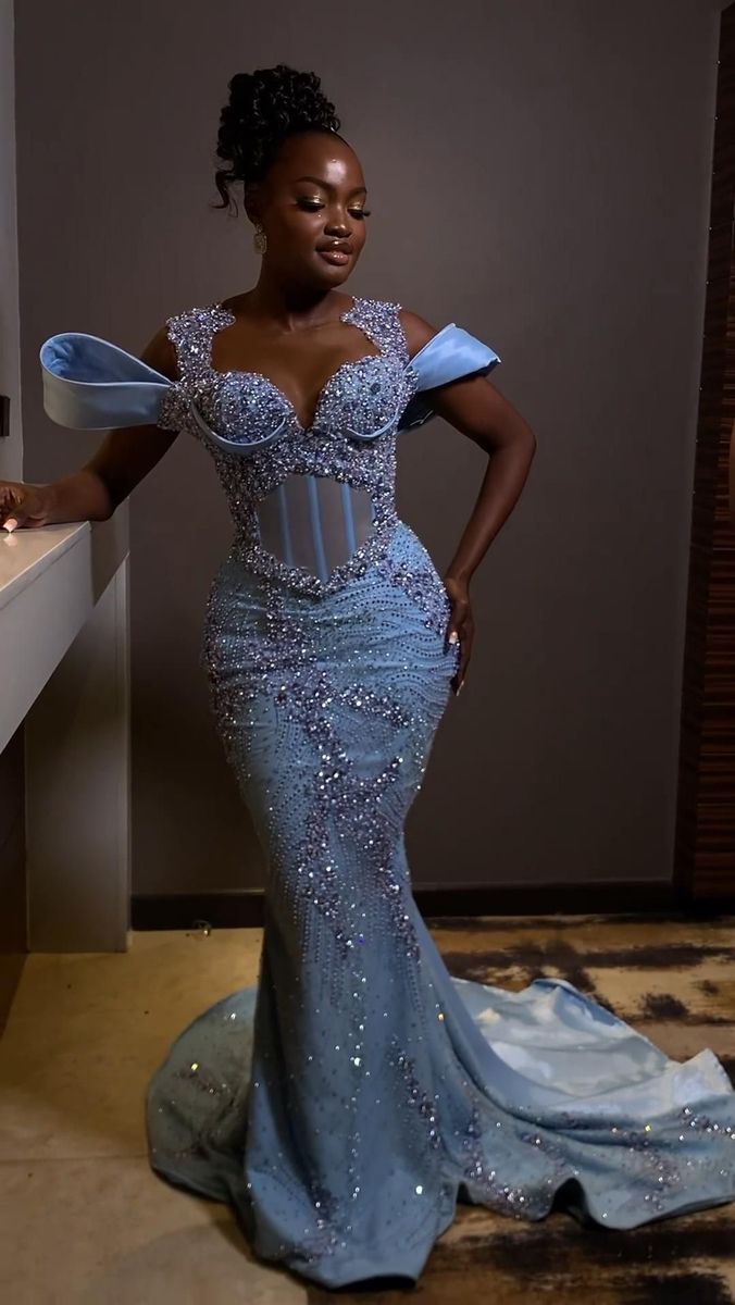Sparkly Rhinestones Blue Mermaid Long Prom Dress Evening Dress