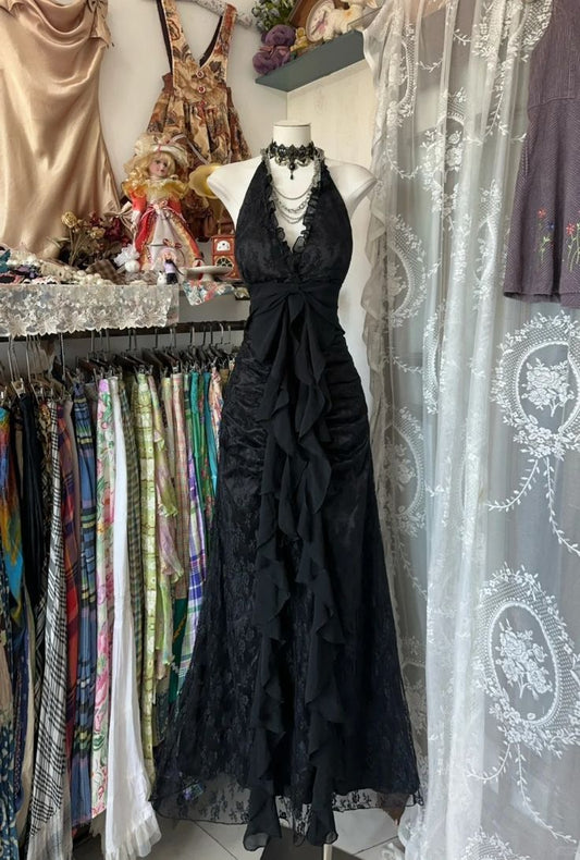Black Halter V Neck Long Prom Dress,Long Evening Gowns