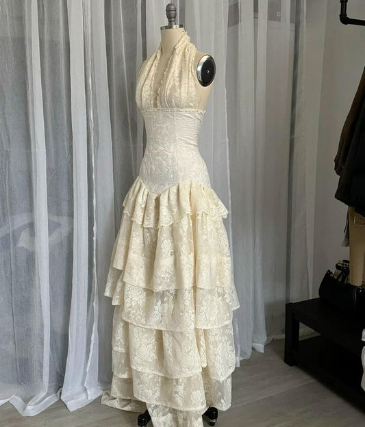 Champagne Lace Bridal Gown Halter Wedding Dress