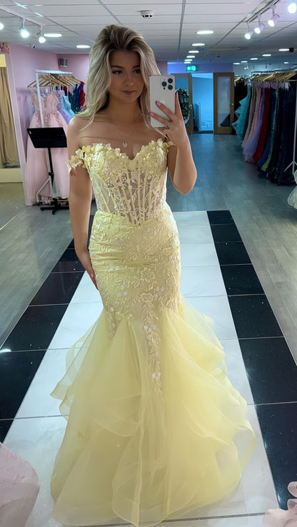 Yellow Mermaid Lace Evening Prom Dress, Long Party Formal Dresses