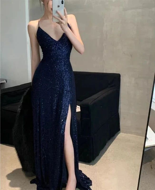 Womens Navy Sequined Slitted Spaghetti Strap V Neck Full-Length Formal Gown Dress
