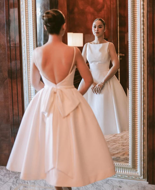 Simple White Backless Wedding Dress Evening Party Dress