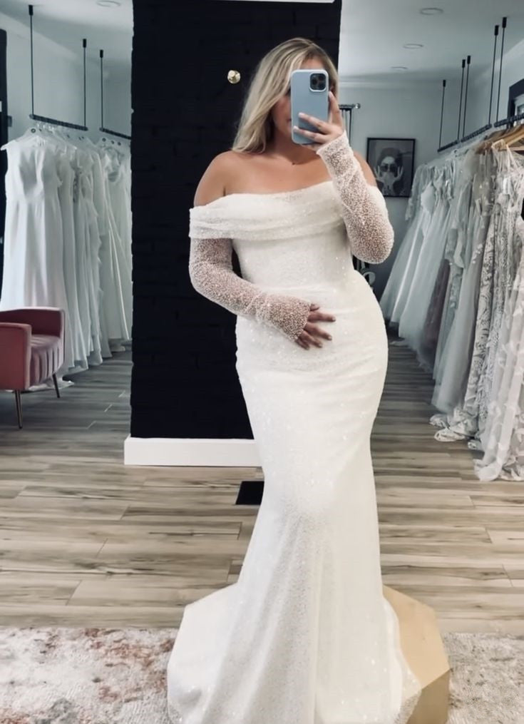 Glitter Tulle Off-Shoulder Long Sleeve Wedding Dress