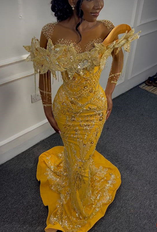 Gorgeous Yellow Beaded Mermaid Evening Dress Long Prom Dress