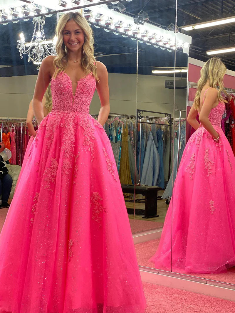 A-Line Beaded Appliques Pink Prom Dress, V-Neck Party Gown