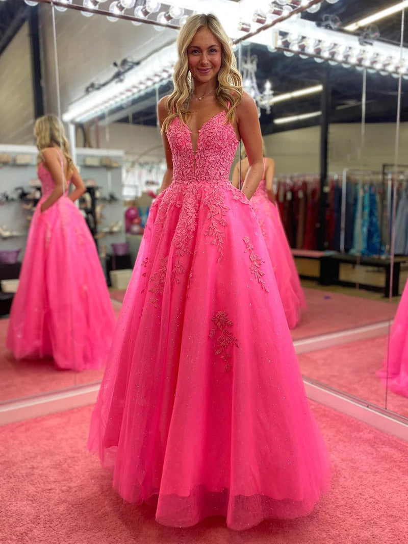 A-Line Beaded Appliques Pink Prom Dress, V-Neck Party Gown