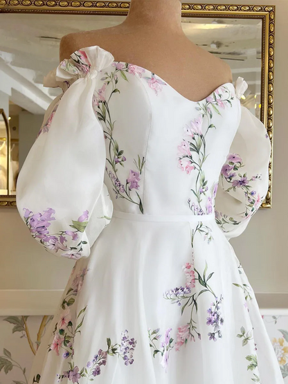 Women's Floral Print Wedding Dresses, Off-the-Shoulder Bridal Gowns, Beach Sweep Train Bridal Gown