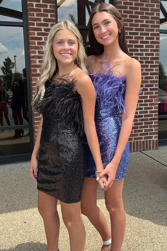Cute Sequin Feather Bodycon Homecoming Dress Short Prom Dress