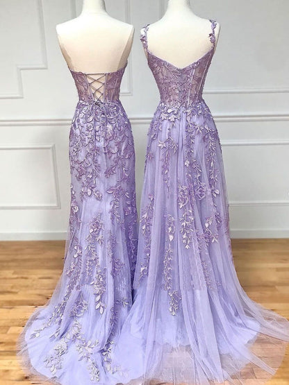 Elegant Lavender Lace Applique Long Prom Dresses