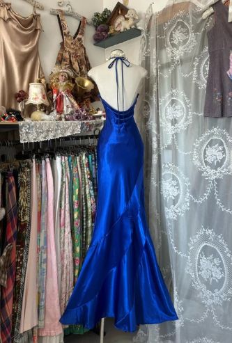 Vintage Blue Mermaid Long Prom Dresses Beaded Satin Evening Dresses Birthday Dresses,LTP4476