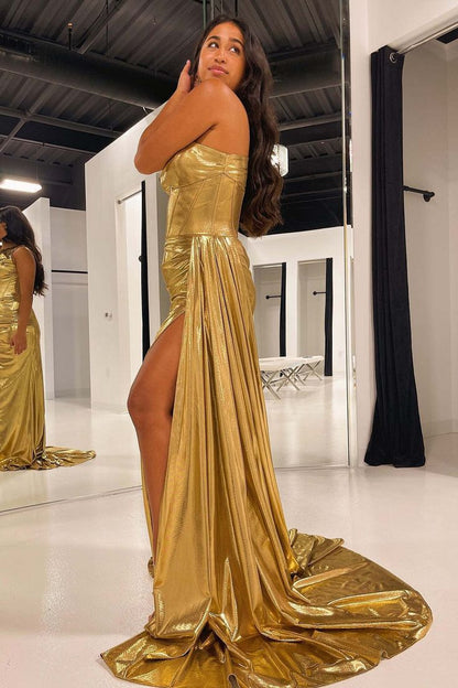 One Shoulder Gold Slit Evening Prom Dresses