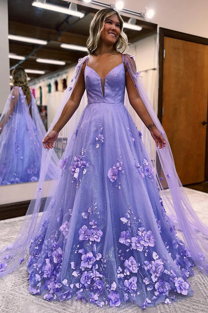 Lilac A-Line Tulle 3D Floral Prom Dresses