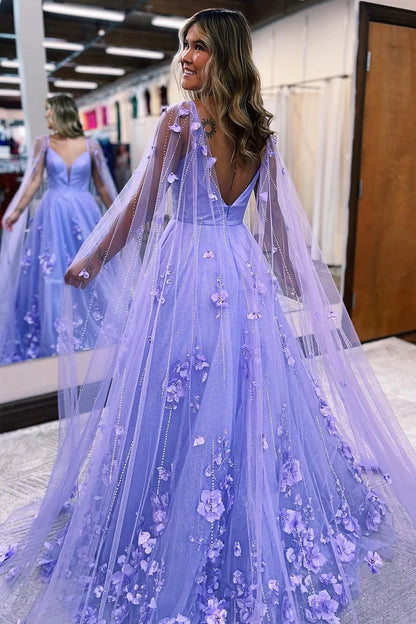 Lilac A-Line Tulle 3D Floral Prom Dresses