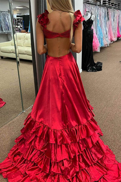 Sexy Cross Top Ruffles Prom Dresses With Slit