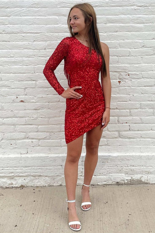 One Shoulder Sequin Bodycon Tassel Homecoming Dress