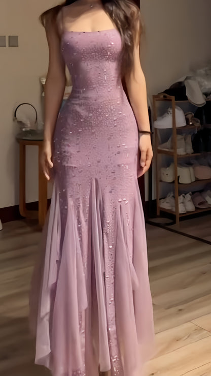 Dusty Rose Sequin Long Prom Dresses Sheath Party Dress,LTP3934