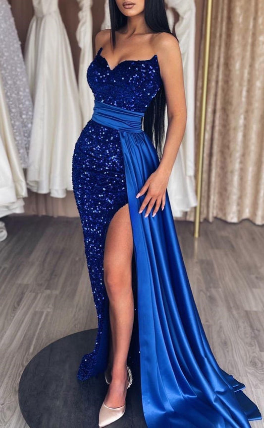 Royal Blue Mermaid Sequin Prom Dresses With Sash