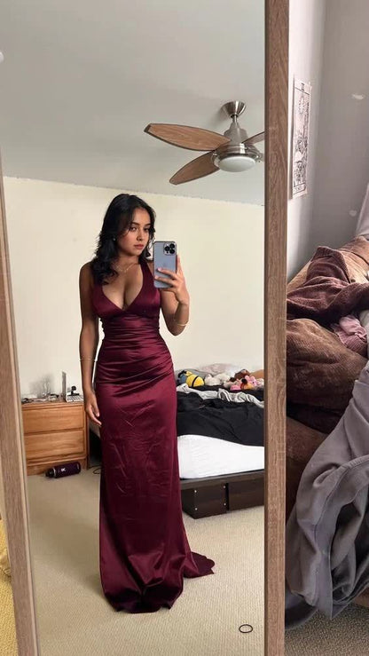 Simple Burgundy V Neck Long Party Dress Formal Prom Dress