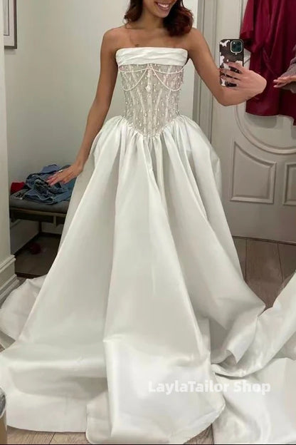 Classy Ivory Beaded Satin Wedding Dresses, LTP3414