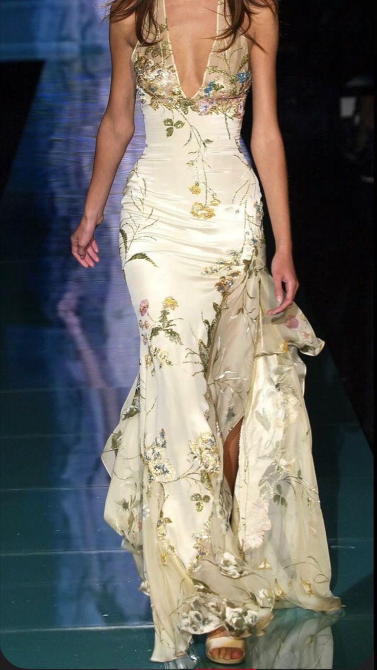 Mermaid Embroidered Long Prom Dress,Deep V Neck Evening Dress With Slit