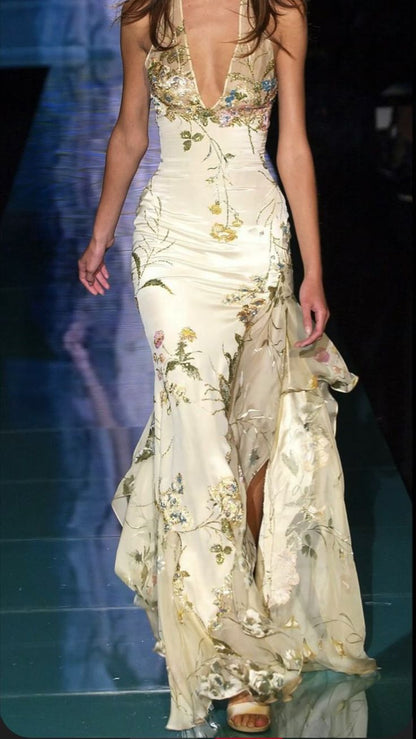 Mermaid Embroidered Long Prom Dress,Deep V Neck Evening Dress With Slit