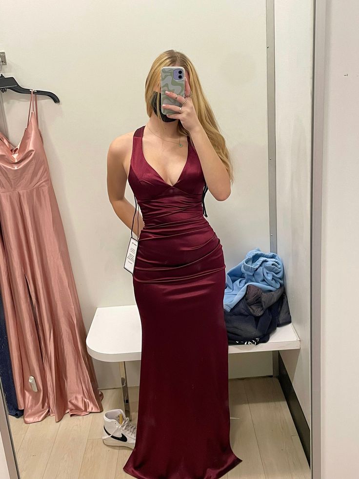 Simple Burgundy V Neck Long Party Dress Formal Prom Dress