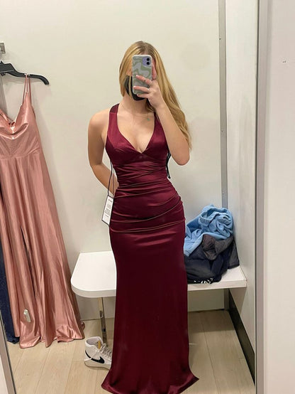 Simple Burgundy V Neck Long Party Dress Formal Prom Dress
