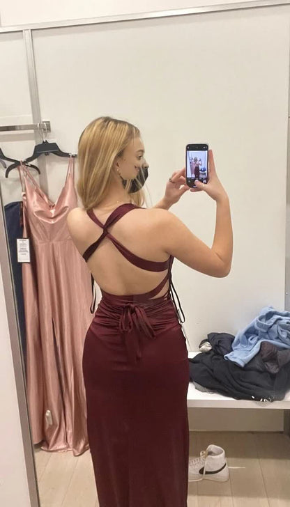 Simple Burgundy V Neck Long Party Dress Formal Prom Dress