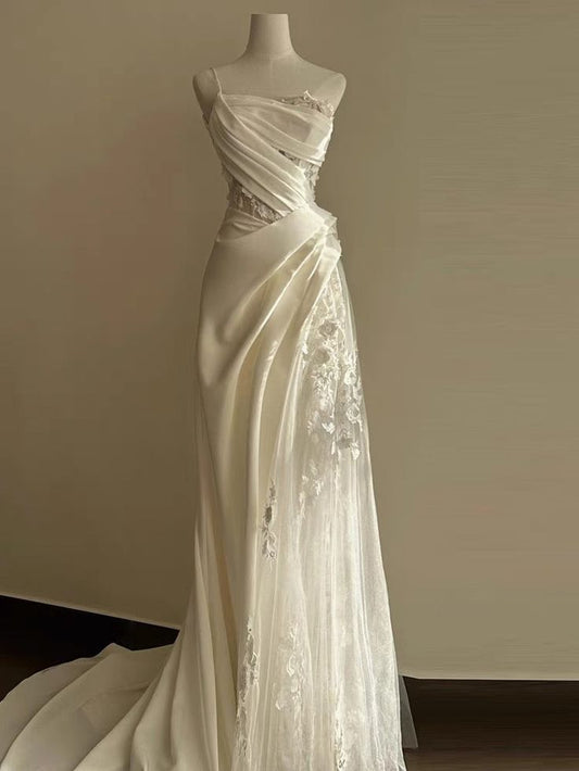 A Line White Birthday Party Dress Lace Wedding Dress