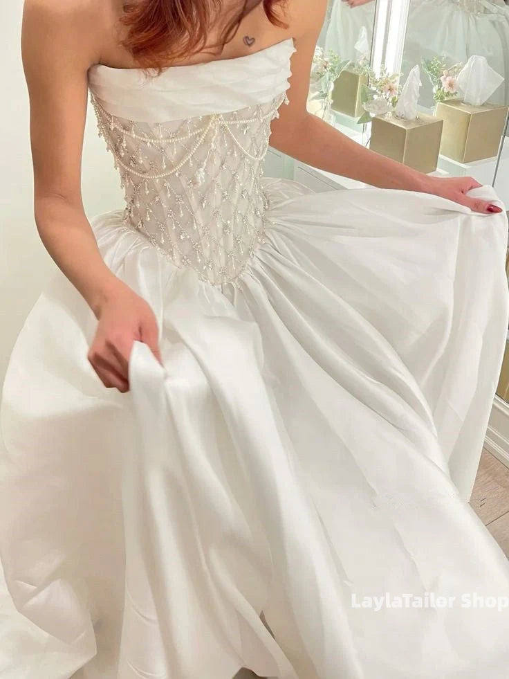 Classy Ivory Beaded Satin Wedding Dresses, LTP3414