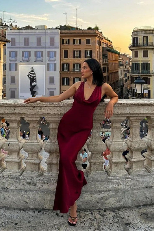 Burgundy Prom Dresses Deep V Neck Evening Dress