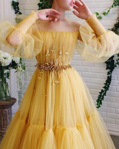 Yellow tulle lace long prom dress party dress