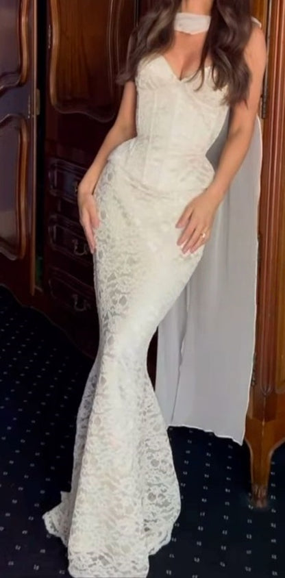 Two Pieces Mermaid Lace Wedding Dresses Sweetheart Sleeveless Evening Prom Dress,LTP4347