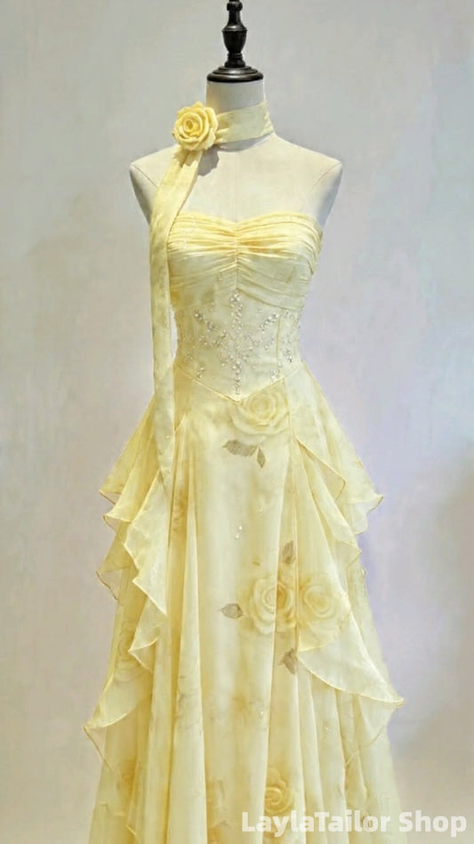 Popular Pink Floral Party Dresses Ruffles Long Prom Dress LTP82650
