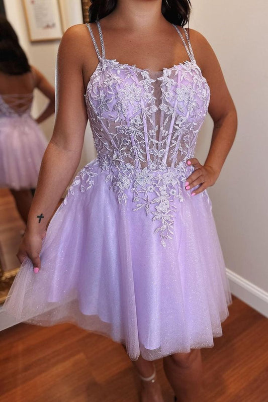 Lilac Straps A-Line Applique Tulle Homecoming Dresses