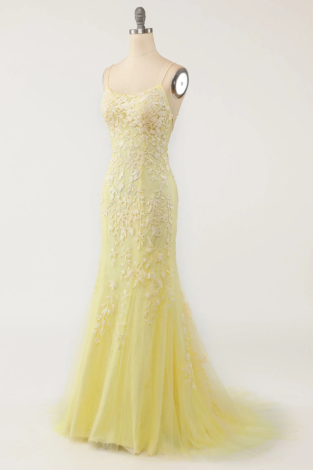 Pastel Yellow Mermaid Lace Evening Prom Dress