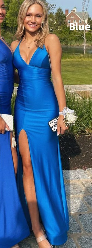 Simple Blue Mermaid Satin Prom Dresses Slit Senior Formal Dress,LTP4412