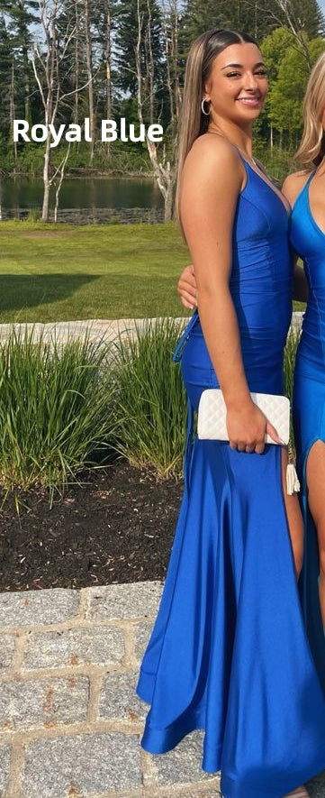 Simple Blue Mermaid Satin Prom Dresses Slit Senior Formal Dress,LTP4412