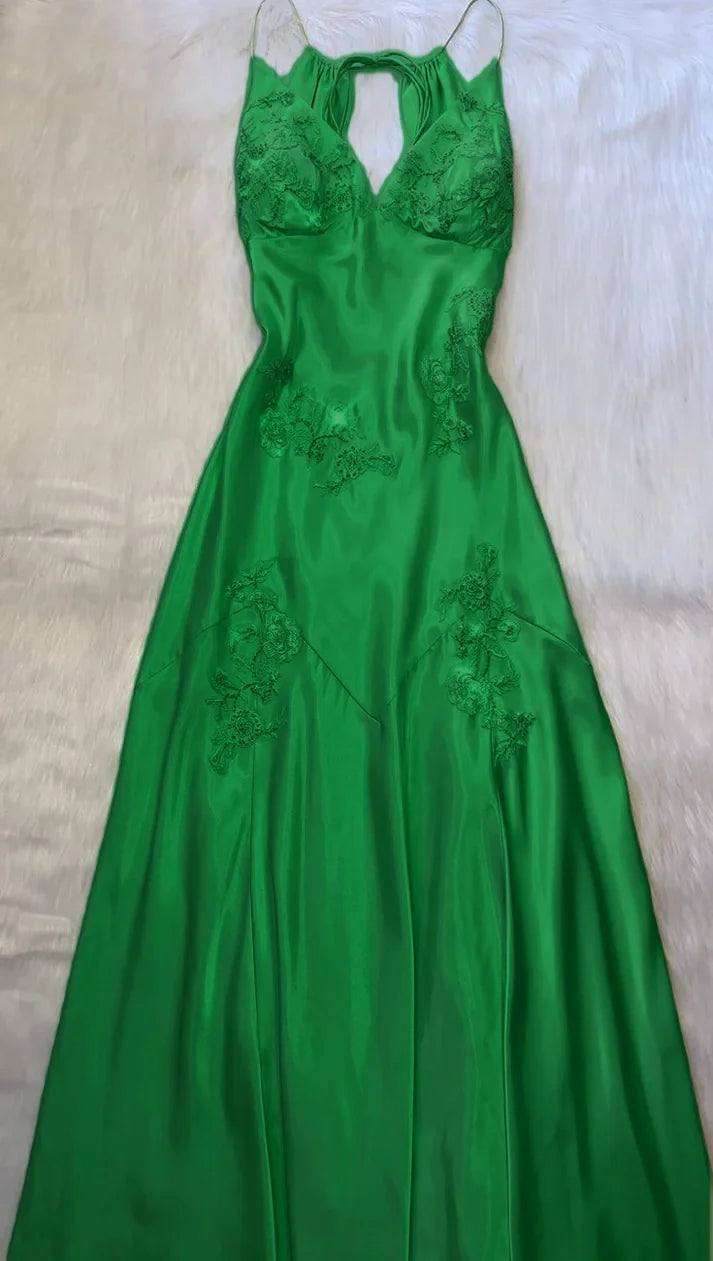 Green V neck Long Prom Dress