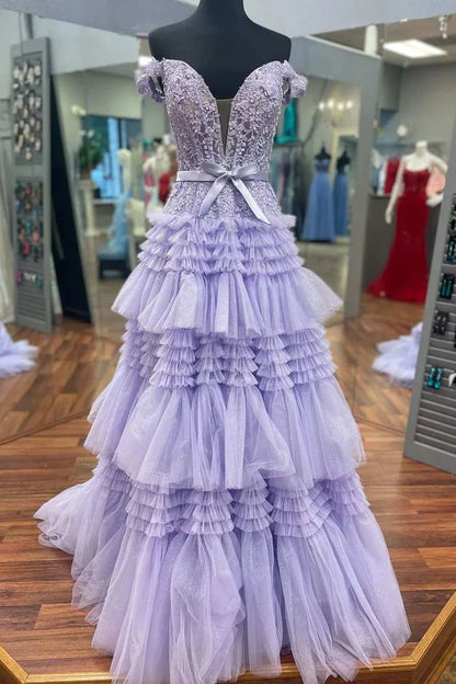 Princess Off The Shoulder Tiered Long Prom Dress