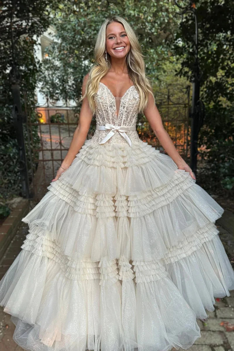 Princess Off The Shoulder Tiered Long Prom Dress