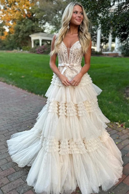 Princess Off The Shoulder Tiered Long Prom Dress